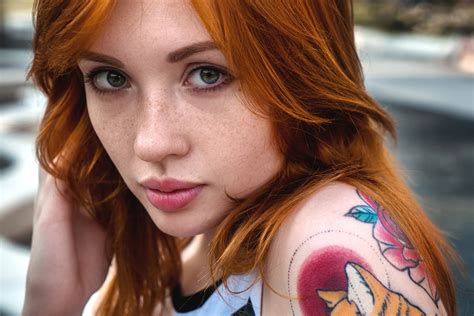 Women Redhead Face Tattoo Eyes Portrait Green Eyes Depth Of Field