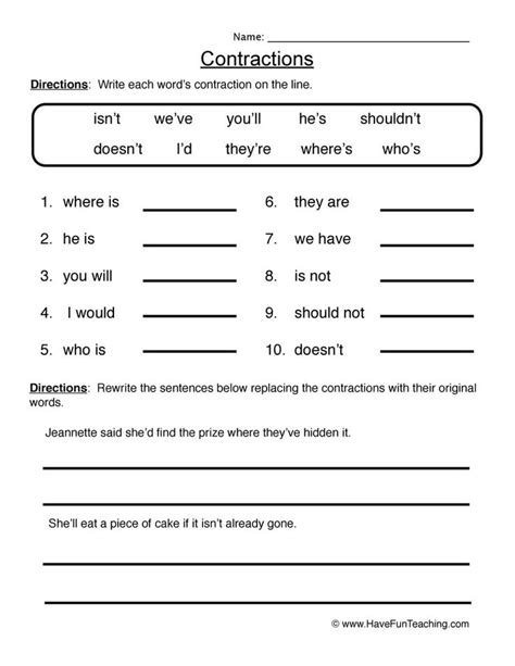 Contractions Worksheet Second Grade