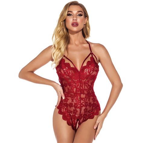 Owordtank Lingerie Bodysuit Sexy Open Crotch Pajamas Lace Hollow Out