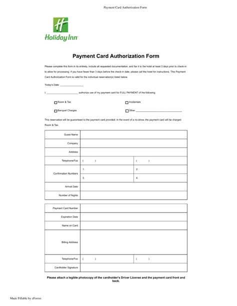 Free Holiday Inn Credit Card Authorization Form Pdf Eforms