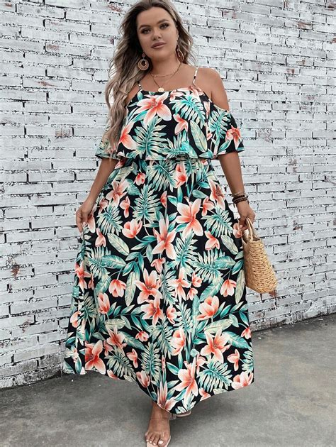 Shein Lune Plus Tropical Print Cold Shoulder Ruffle Trim Summer Outfits