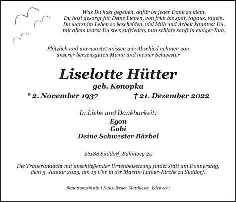 Traueranzeigen von Liselotte Hütter nordwest trauer de