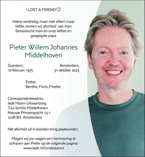 Pieter Willem Johannes Middelhoven Overlijdensbericht En