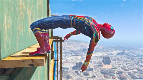 GTA 5 Iron Spider Man Falling Off Highest Buildings Crazy Jumps Stunt