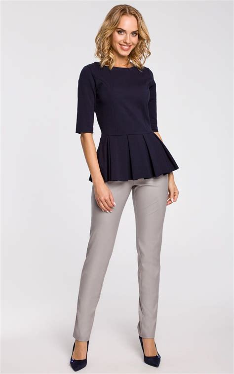 Navy Blue Elegant Plain Peplum Top With Zip At The Back Moe