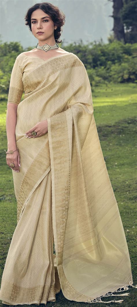 Party Wear Traditional Beige And Brown Color Silk Tissue Fabric Saree