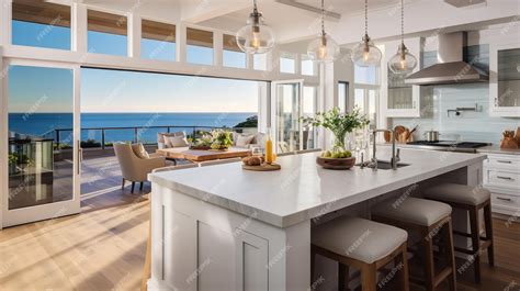 Premium Photo Breezy Coastal Kitchen With Stunning Sea Views