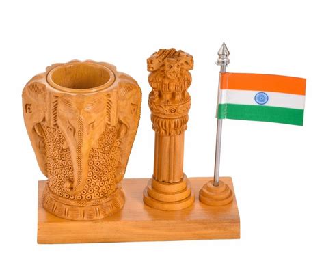 Yellow Wooden Pen Stand With Ashoka Pillar Flag Size Dimension