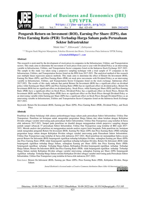 Pdf Pengaruh Return On Invesment Roi Earning Per Share Eps Dan