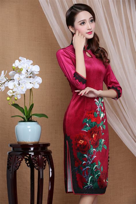 Gorgeous Peony Flowers Knee Length Cheongsam Qipao Dress Qipao