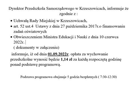 Zmiana wysokości opłat za wychowanie przedszkolne Przedszkole