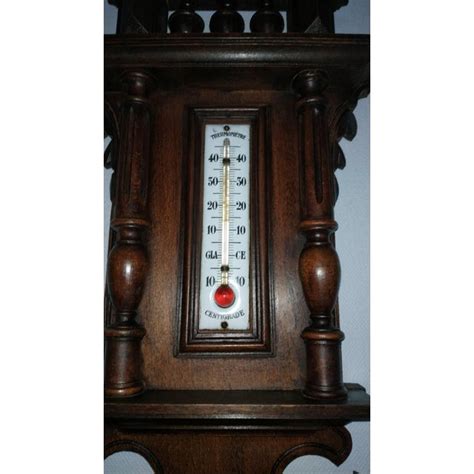 Antique French Working Weather Station Barometer Thermometer With Beveled Edges Carved Wooden