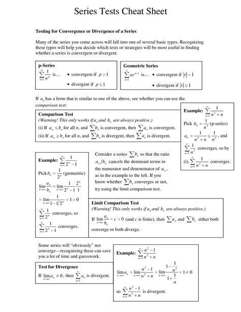 Series tests cheat sheet | Cheat Sheet Mathematics - Docsity