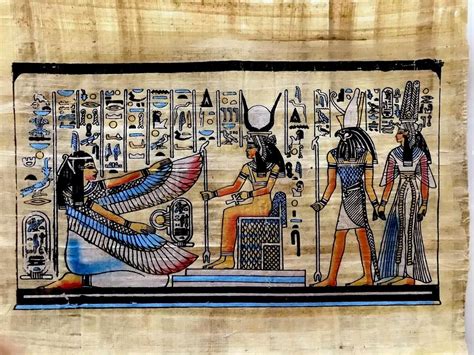 Egyptian Hand Painted Papyrus Showing Isis Maat Horus And Nefertiti