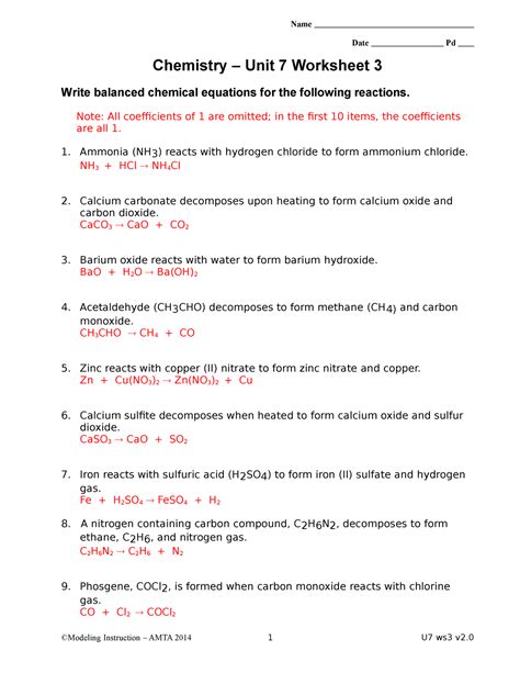 06 Ws3 Key East Name Date Pd Chemistry Unit 7 Worksheet 3 Write Balanced Chemical