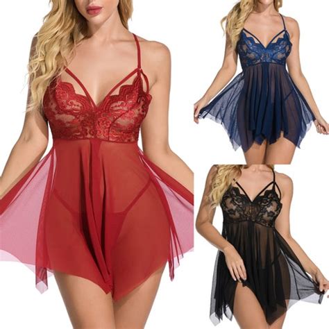 Sexy Women Lace Lingerie Teddy Babydoll V Neck G String Dress Set