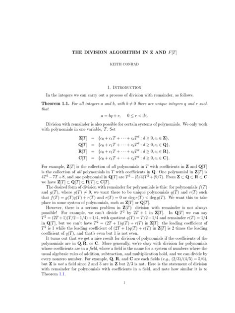 The Division Algorithm Keith Conrad Pdf Mathematics Computational Science