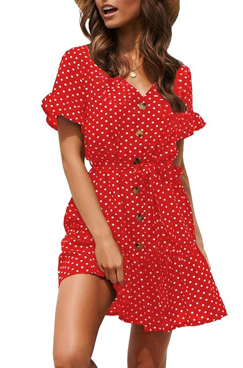 Women Pleated Polka Dot Short Sleeve Dresses Loose Swing Casual Beach