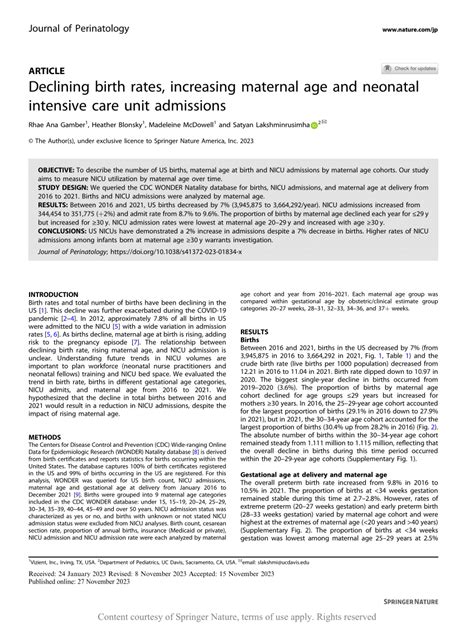 Declining Birth Rates Increasing Maternal Age And Neonatal Intensive