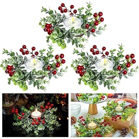 Christmas Candle Rings Artificial Red Berries Snowy Pine Needles