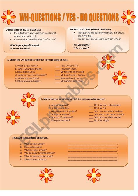 Wh Questions Yes No Questions ESL Worksheet By Saagutie