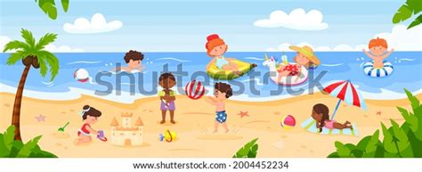 Kids Playing Beach Happy Children Playing Stock Vector (Royalty Free ...