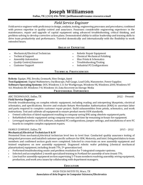 Field Service Engineer Resume Example Pdf Docx