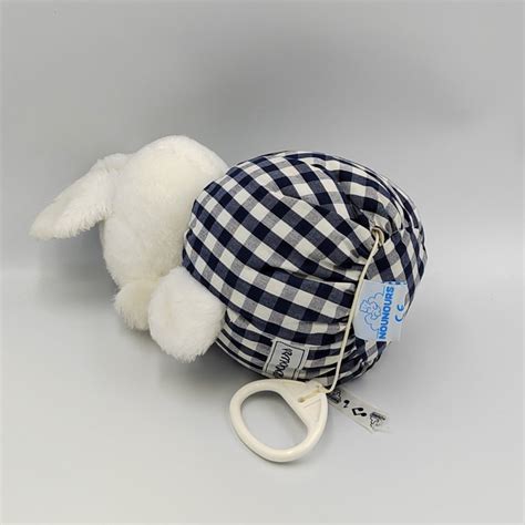 Doudou Musical Lapin Blanc Bleu Carreaux Nounours