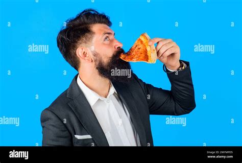 Pizza Time Bearded Man In Suit Eating Slice Of Pizza Fast Food