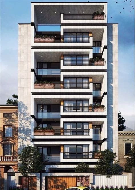 Modern Residential Building Design With Balconies And Plants