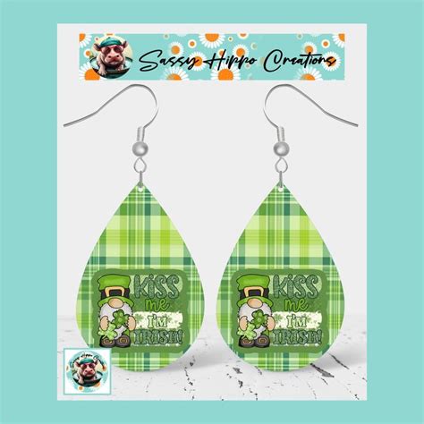 Earrings Gnome Kiss Me I M Irish St Patrick S Day Hand Sublimated