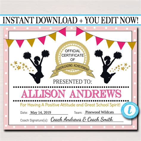 Cheerleader Certificate Cheerleading Award Cheerleading Printable