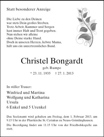 Alle Traueranzeigen für Christel Bongardt trauer rp online de