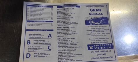 Carta Del Restaurante Gran Muralla Huelva