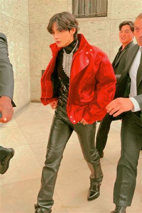 Kim Taehyung In Red Jacket Black Leather Pants At Celine Show Paris