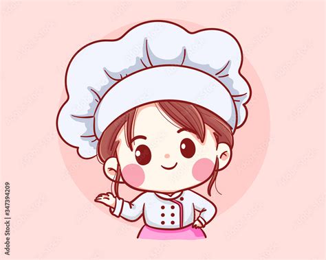 Cute Bakery Chef Girl Welcome Smiling Cartoon Art Illustration Logo