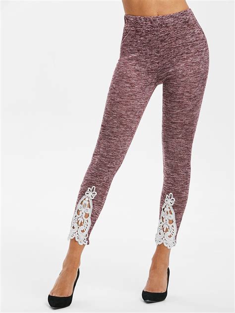 32 Off Lace Insert High Waisted Heathered Leggings Rosegal