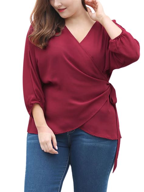 Unique Bargains Agnes Orinda Womens Plus Size Self Tie V Neck