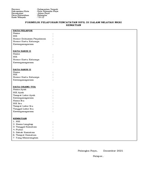 Formulir Pelaporan Pencatatan Sipil Di Dalam Wilayah Nkri Kematian Pdf