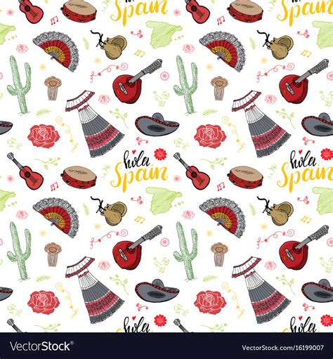 Spain Seamless Pattern Doodle Elements Hand Drawn Vector Image