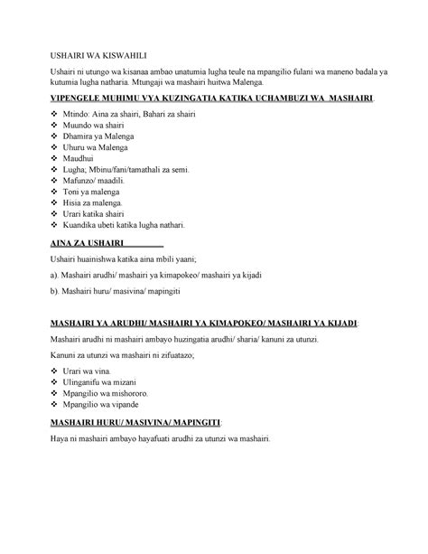 Mashairi YA Malenga USHAIRI WA KISWAHILI Ushairi Ni Utungo Wa Kisanaa