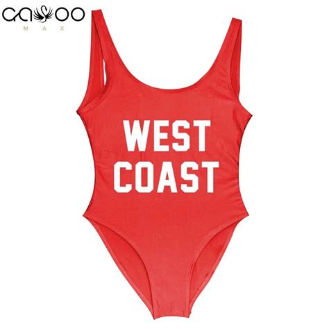 West Coast Letter Print Sexy Thong One Piece Swimsuit Women High Cut