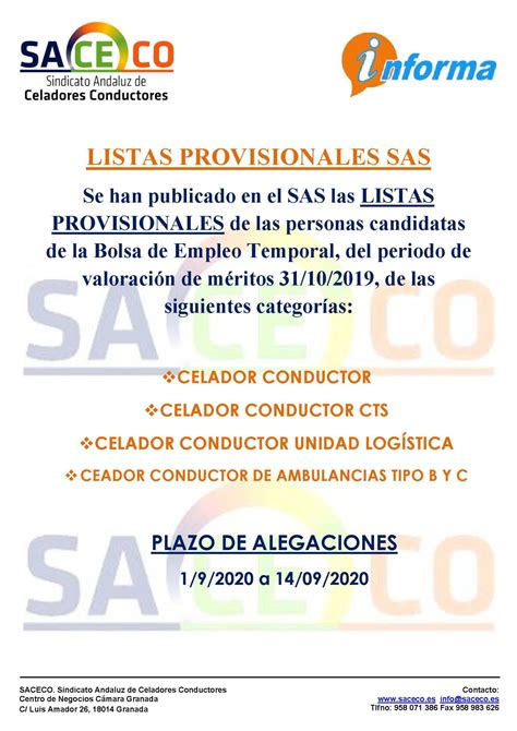 Listados Provisionales Celador Conductor Corte Saceco