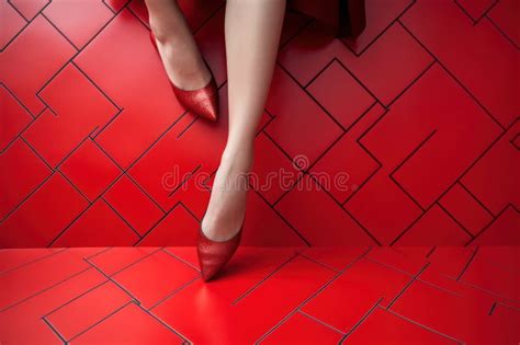 Top View Of A Woman Legs In Red Shoes On Red Geometric Surface Fashion