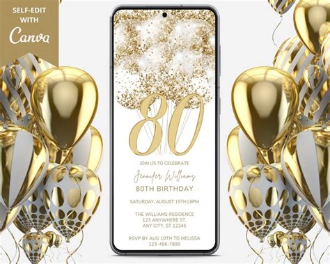 Digital 80th Birthday Invitation Electronic Birthday Party Etsy