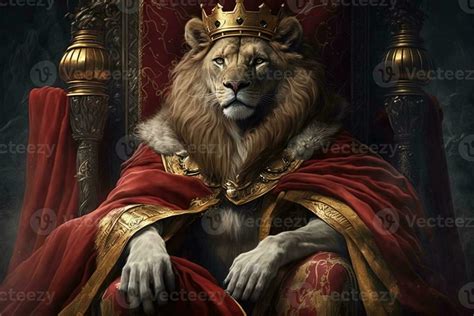 Royal Lion Wearing A Gold Crown And Red Cloak Sitting On A Golden And