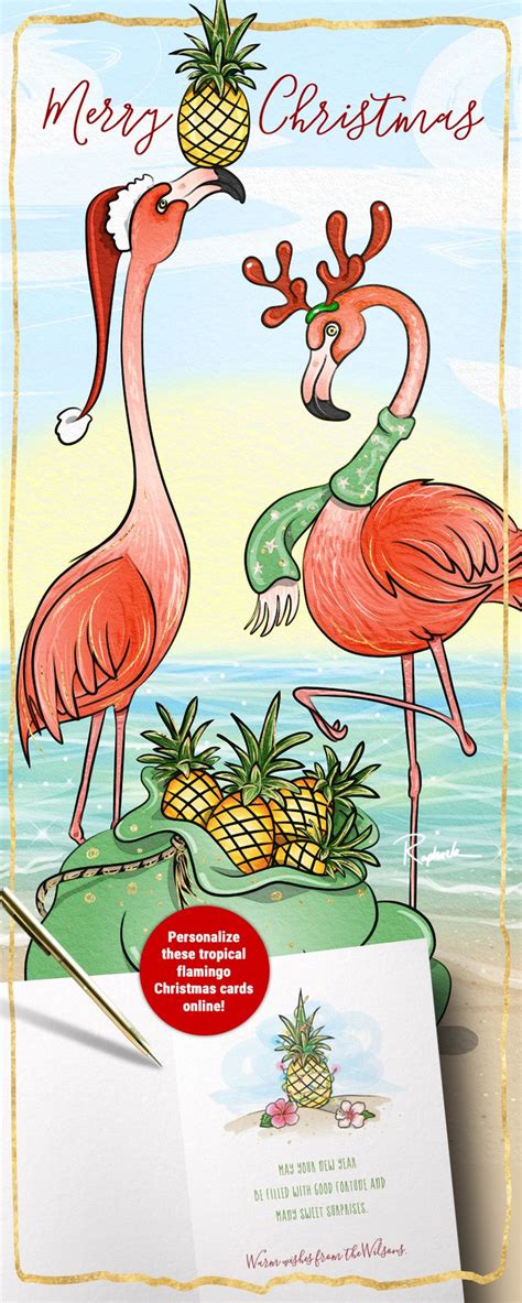 Festive Pink Flamingo Christmas Cards Tropical Pineapple Greetings