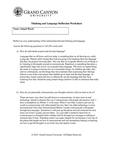 Phi T Thinkingand Language Reflection Worksheet Thinking And