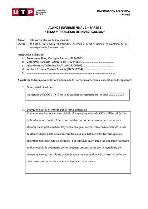 Ac S Semana Avance De Informe Final Aif Avance Informe