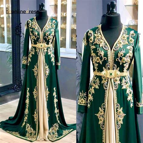 Luxury Green Moroccan Caftan Evening Dresses Long Sleeve Lace